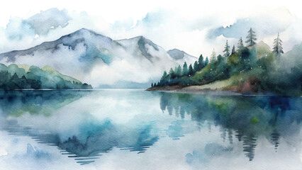 Calming watercolor scene of a reflective lake bordered by mountains and trees, enveloped in soft mist.