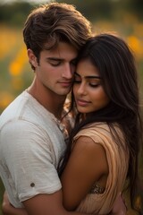 Fototapeta premium Couple embraces in a beautiful meadow filled with colorful flowers during golden hour, capturing a moment of love and intimacy in nature's serene setting