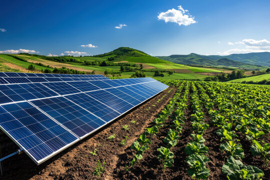 A harmonious blend of renewable energy and agriculture, this image showcases a field of solar panels beside thriving crops under a bright blue sky, promoting sustainability and eco-friendly practices.