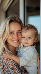 Fototapeta premium Mother and child share a joyful moment in a sunny outdoor setting during late morning hours, showcasing love and happiness in their expressions
