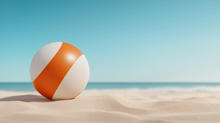 A vibrant orange and white beach ball resting on golden sand under a clear blue sky, evoking the essence of a perfect summer day by the sea.