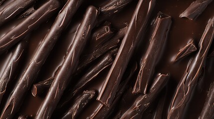 Dark chocolate curls scattered over a rich cocoa surface creating a decadent dessert topping...