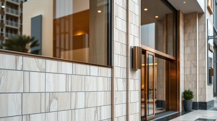 Modern Building Entrance with Beige Brick and Glass Facade