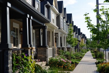 Neatly Aligned Row Houses in a City Neighbourhood with Porch and Sidewalk