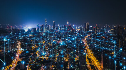 Fototapeta premium Abstract businesswoman stands on the peak of success Smart digital city with connection cyber security network reciprocity over the cityscape future wireless digital city and social media networking