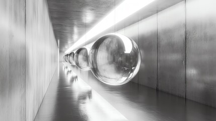 Obraz premium Abstract representation of futuristic spheres in a sleek, illuminated corridor, showcasing innovation and design.