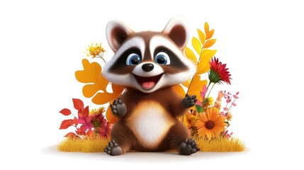 Fototapeta premium Adorable Raccoon in Autumn Setting - Happy raccoon, autumn leaves, cheerful flowers, fall colors, wildlife.