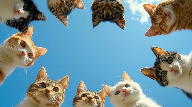 Curious cats gather under a clear blue sky, showcasing their playful nature and unique personalities in a delightful outdoor setting