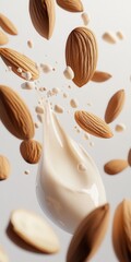 Fototapeta premium Creamy almond milk splashes among scattered almonds, showcasing a delicate blend of natural ingredients in a minimalistic setting