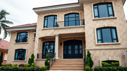 Naklejka premium A two-story beige house with multiple arched windows and a dark-colored front door. Landscaping is visible in the foreground. The house has a red tile roof and is accented with white trim.