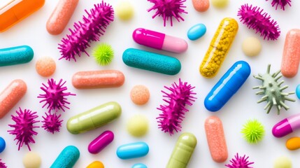 Colorful Capsules and Bacteria on White Background