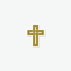 Gold christian cross icon sticker isolated on gray background