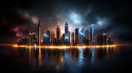Fototapeta premium A stunning skyline at night, featuring illuminated skyscrapers reflecting on water, set against a dark, atmospheric background.