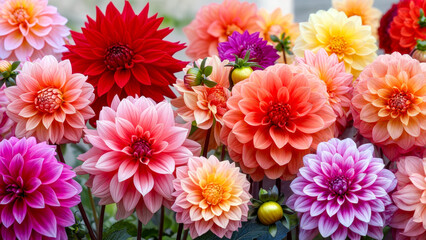 Fototapeta premium Brightly colored dahlias blooming in a sunny garden during spring season
