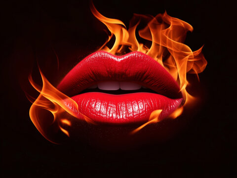Bright red lips surrounded by vibrant flames create a striking and captivating visual effect