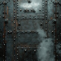 A close-up of a heavy, riveted metal door with steam emerging, showcasing a vintage industrial design and a weathered appearance.