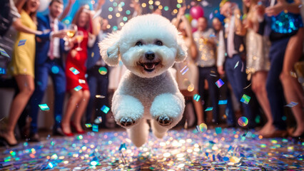Happy dog enjoys lively party atmosphere with colorful confetti and dancing guests