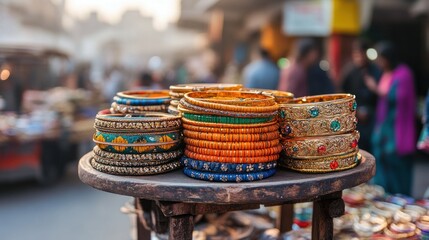 Colorful bangles displayed on a wooden stand at a bustling market.