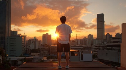 Fototapeta premium Cityscape Sunset View - Man silhouetted against vibrant sunset, cityscape, achievement, contemplation, hope.