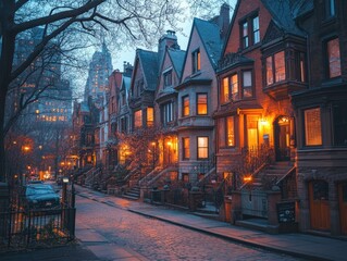 Obraz premium City row houses at dusk with warm lights shining through windows, a car on the street.