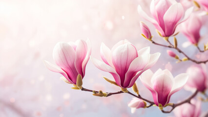 Beautiful pink magnolia flowers bloom on a branch in soft light during spring season