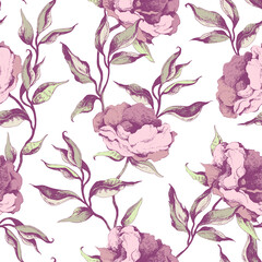 Hand Drawn Peonies Seamless Pattern