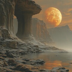 Mystical landscape with cliffs, water, and a large orange moon.
