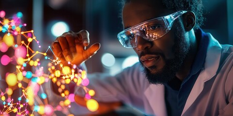 A scientist in a lab, wearing safety glasses, examining colorful molecular structures, symbolizing innovation and research in science.