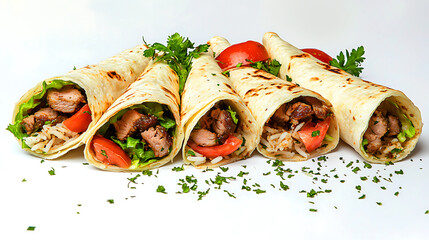 Delicious Mediterranean Wraps with Grilled Meat and Rice. Close-up of several flavorful Mediterranean wraps filled with grilled meat, rice, and fresh vegetables.