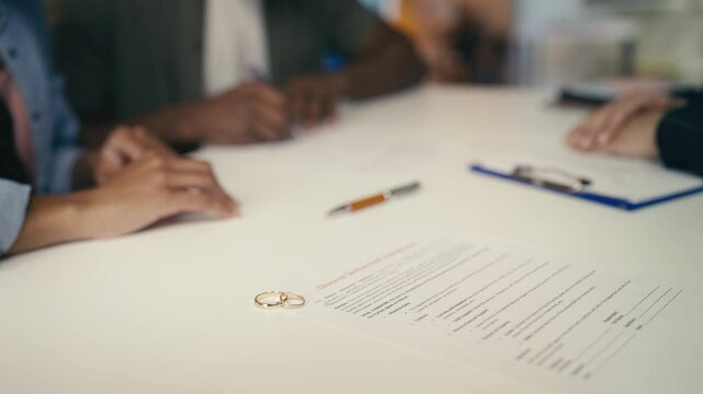 Couple signs divorce papers in a lawyer's office, ending their relationship