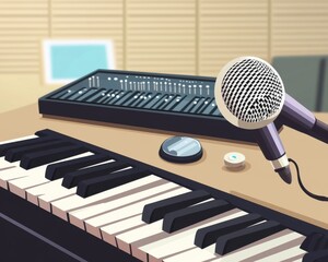 A close-up view of a microphone and synthesizer on a wooden table in a music studio setting.