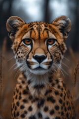 Fototapeta premium Cheetah gazes intensely from the tall grass, showcasing its vibrant fur pattern and striking features in a natural habitat during twilight hours