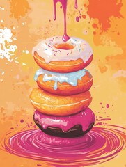 Colorful stack of donuts dripping icing against a bright orange background highlighting playful sweetness