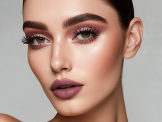 Fototapeta premium Clear portrait of a model showcasing elegant makeup with soft lighting in a studio setting