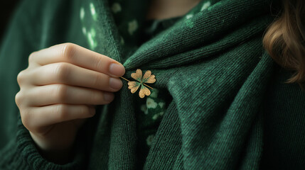Hand holding golden shamrock pin on a green scarf for St. Patrick’s Day