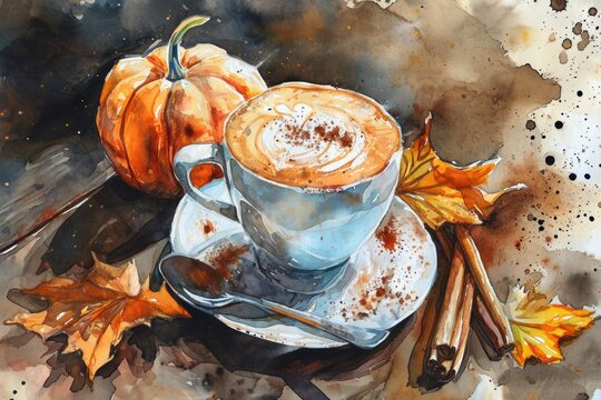 Rustic Pumpkin Spice Latte Watercolor Art