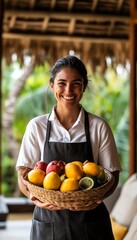 Obraz premium Smiling woman in apron holds basket of tropical fruits, outdoor setting.