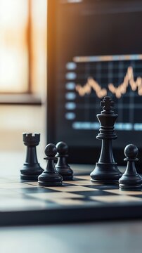 Chess pieces and financial graph highlighting strategy and market analysis in business context