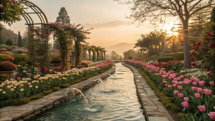 Formal garden with a central water channel, lined with blooming tulips and roses, sunset lighting, arched trellises.
