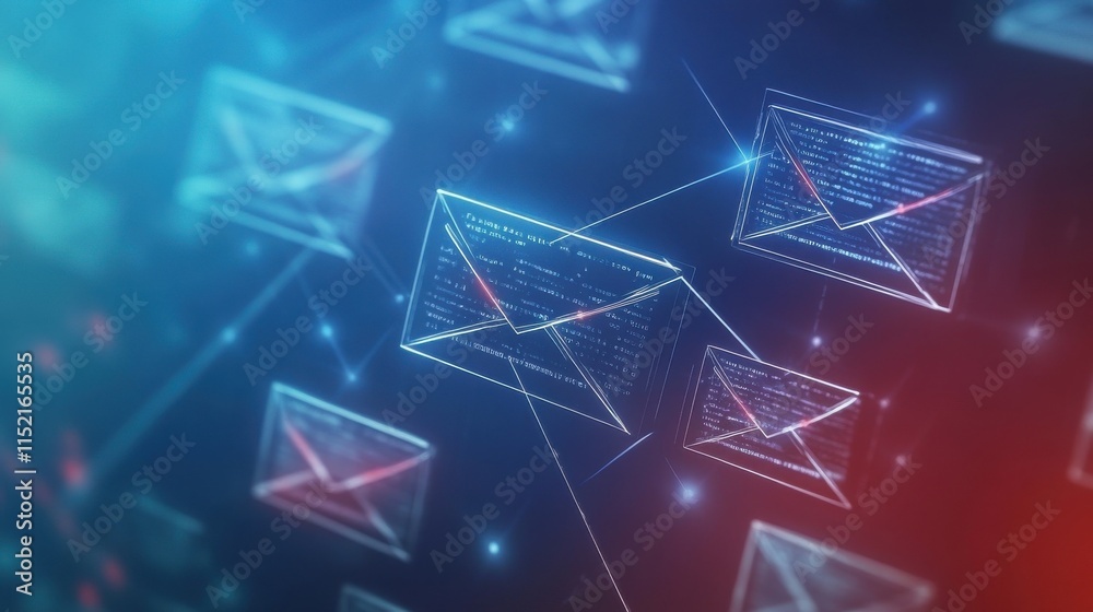 Poster digital representation of email communication with glowing icons and data flow in a futuristic setti
