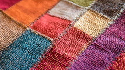 A close-up of a colorful woven textile featuring various textured patches.