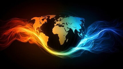 Fototapeta premium International Trade Routes Illustrated by Vivid Flames and Global Map Representation, Highlighting Connectivity Across Continents and Economies
