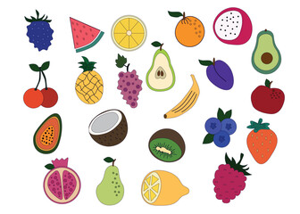 A collection of colorful fruit illustrations featuring a variety of tropical and everyday fruits such as watermelon, lemon, orange, grapes, kiwi, avocado, pomegranate, banana, apple, and more.