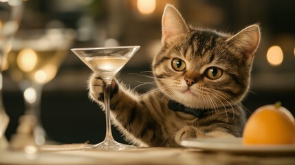 Adorable cat in a tuxedo holding a martini glass with a charming expression, set in an elegant dining scene, exuding sophistication and playful flair.