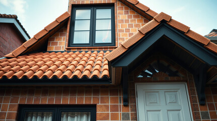 Obraz premium Brick House Gable with Terracotta Roof and Black Window Frames
