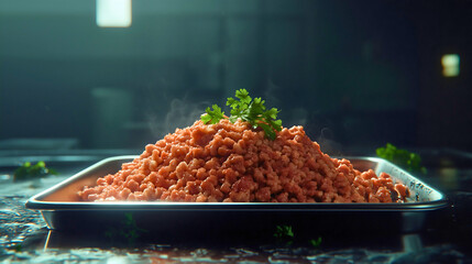 A heap of ground beef displayed on a butcher’s counter, the finely minced texture highlighted, with scattered fresh herbs adding contrast.