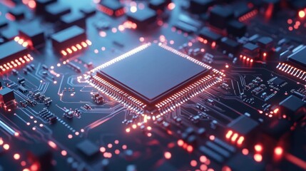 A close-up of a computer chip on a circuit board with glowing elements.