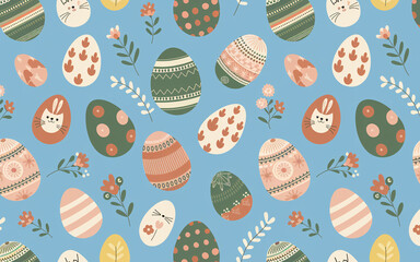 Seamless Easter pattern with eggs, bunnies, and flowers on light blue background.