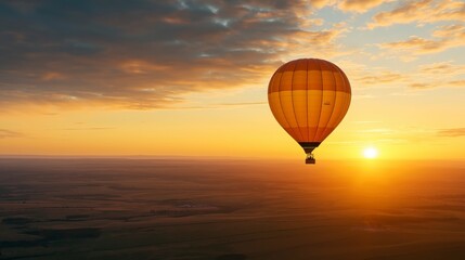 Obraz premium Breathtaking Aerial View from Inside a Hot Air Balloon at Sunset Over Expansive Fields and Sky, Capturing the Beauty of Nature's Colors and Serenity