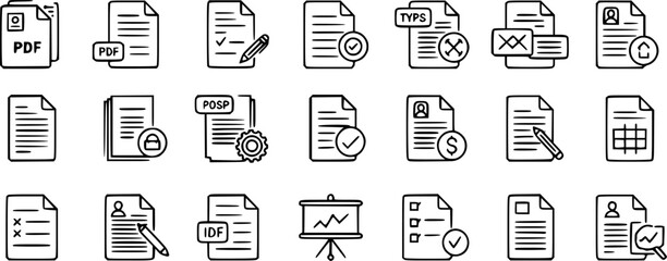 Document set of web icons in line style. Documents linear icon collection. Containing contract papers, folder, certificate, accept, approved, clipboard, invoice, archive and more. Editable stroke